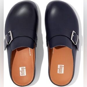 FitFlop Shuv Buckle-Strap Midnight Navy Blue Leather Slip On Comfort Clogs SZ 10